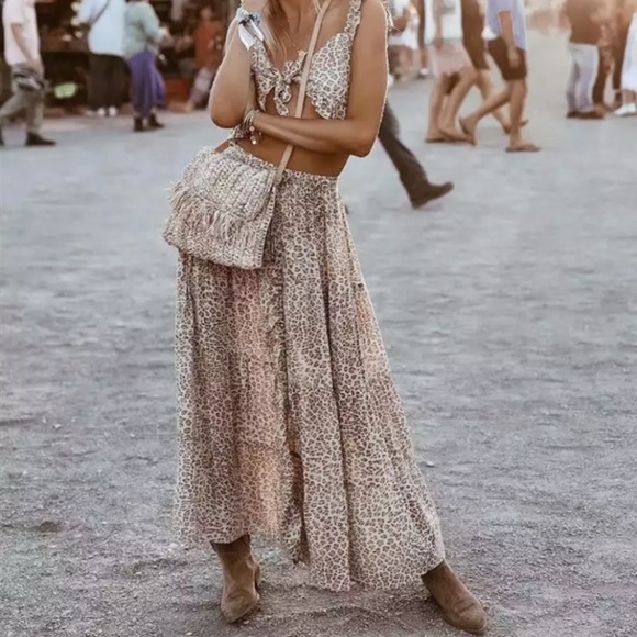 SOLD OUT Bohemian Gypsy Leopard Tiered Ruched Maxi Skirt - Picture 2 of 10